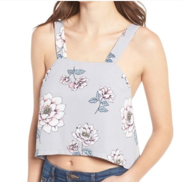 J.O.A. Tops - JOA Floral Tie Back Crop Tank Top Gray Small